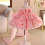 Pink Ruffle Rose Bow Train Princess Birthday Evening Dress | KLFFLGID