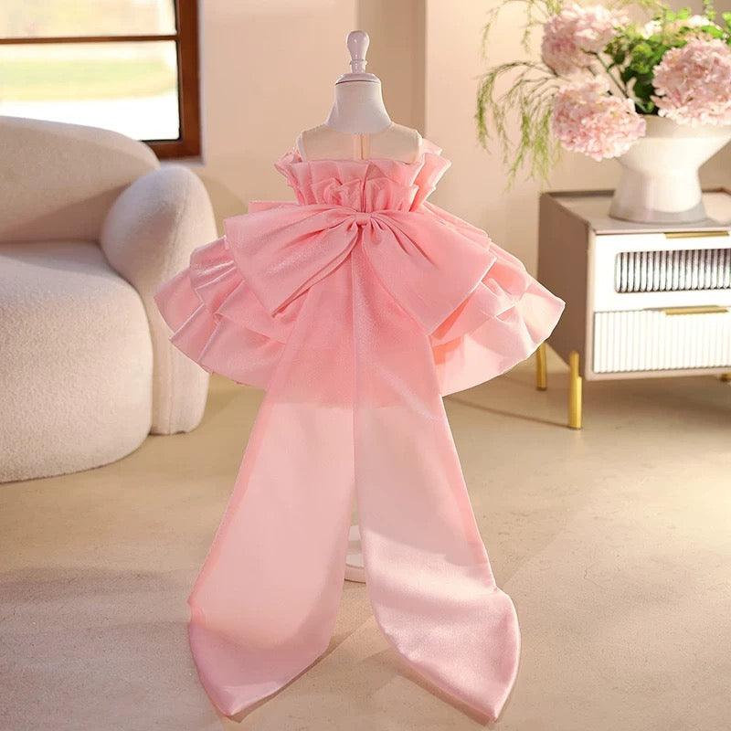 Pink Ruffle Rose Bow Train Princess Birthday Evening Dress | KLFFLGID