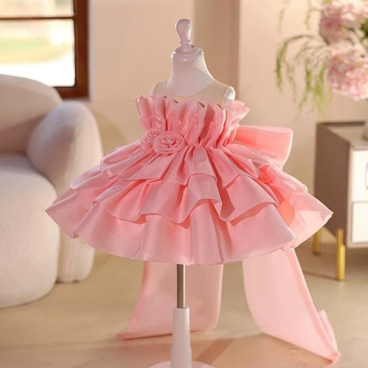 Pink Ruffle Rose Bow Train Princess Birthday Evening Dress | KLFFLGID