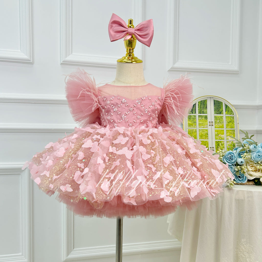Pink Sequin Butterfly Tulle Princess Birthday Party Dress | KLFFLGID