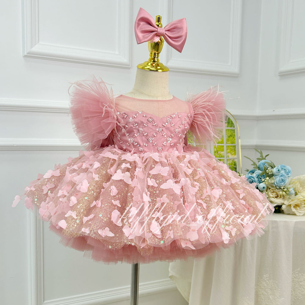 Pink Sequin Butterfly Tulle Princess Birthday Party Dress | KLFFLGID