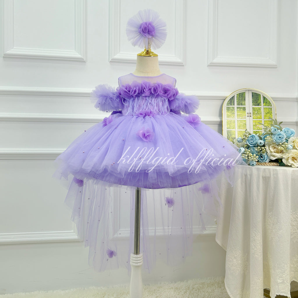 Purple 3D Floral Butterfly Wing Trailing Tulle Princess Birthday Party Dress | KLFFLGID