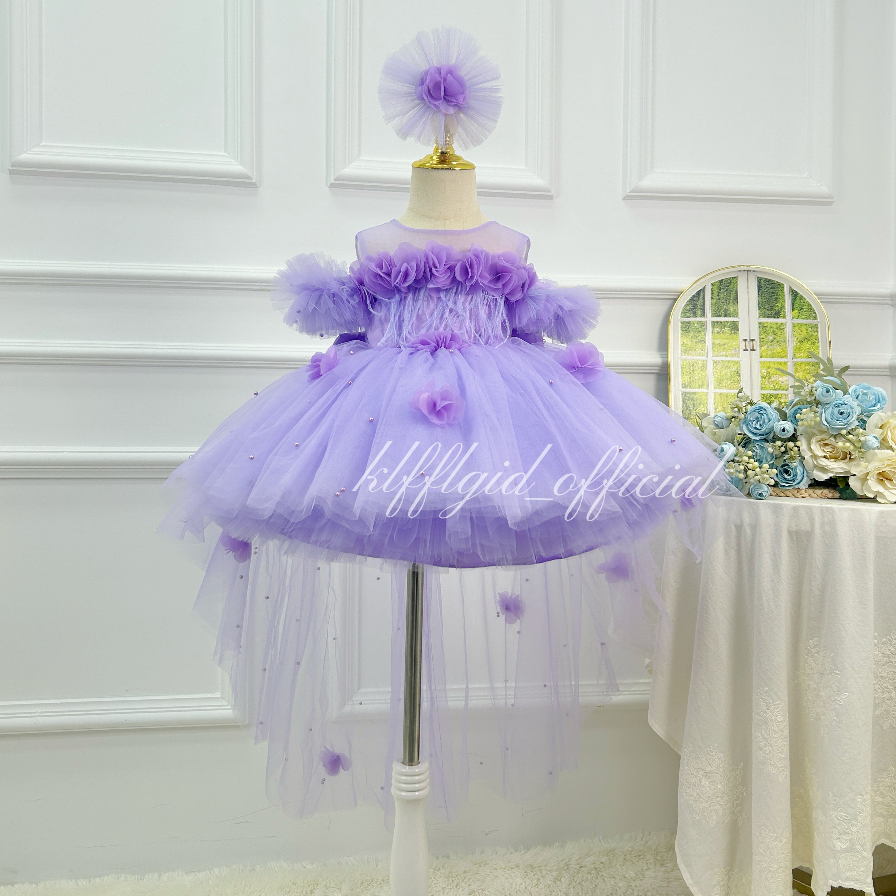 Purple 3D Floral Butterfly Wing Trailing Tulle Princess Birthday Party Dress | KLFFLGID