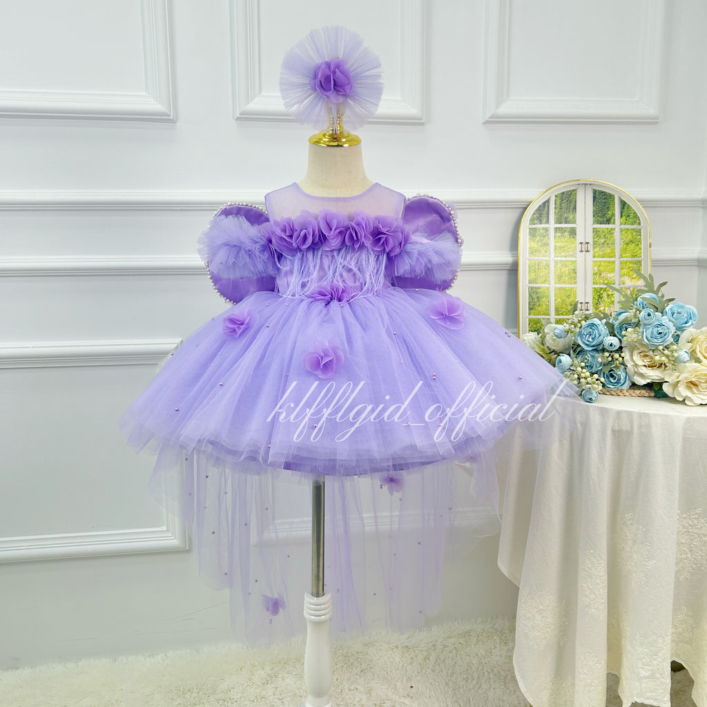 Purple 3D Floral Butterfly Wing Trailing Tulle Princess Birthday Party Dress | KLFFLGID