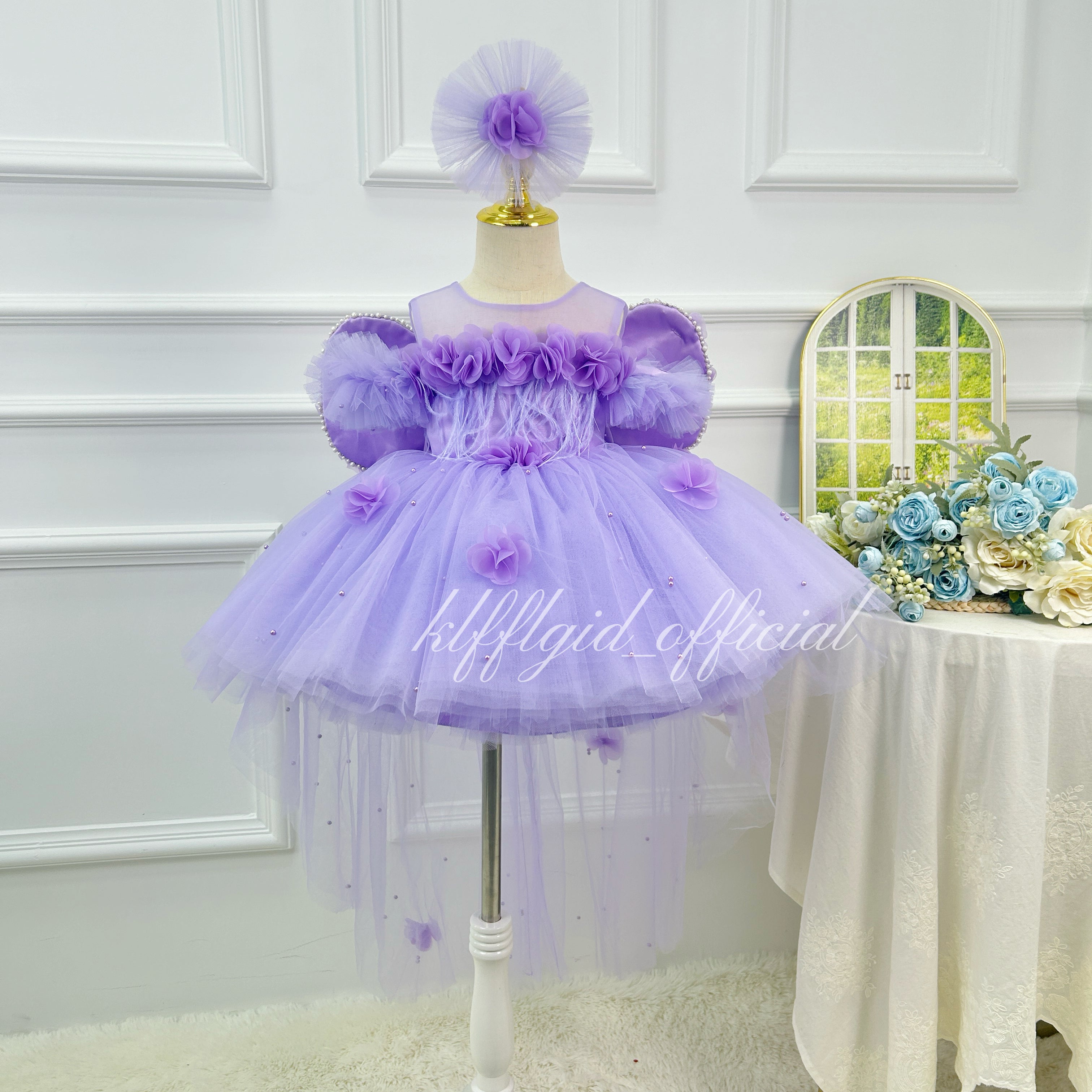 Purple 3D Floral Butterfly Wing Trailing Tulle Princess Birthday Party Dress | KLFFLGID