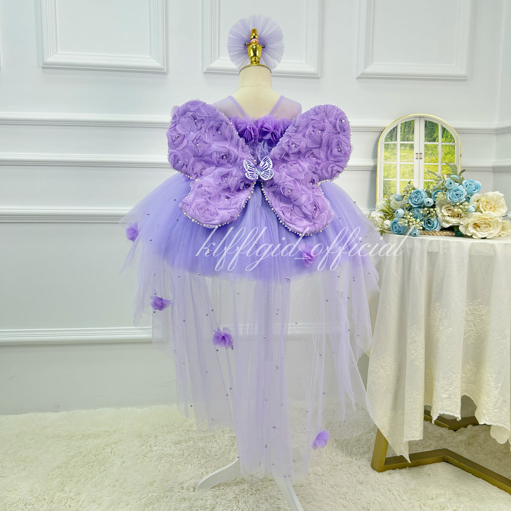 Purple 3D Floral Butterfly Wing Trailing Tulle Princess Birthday Party Dress | KLFFLGID
