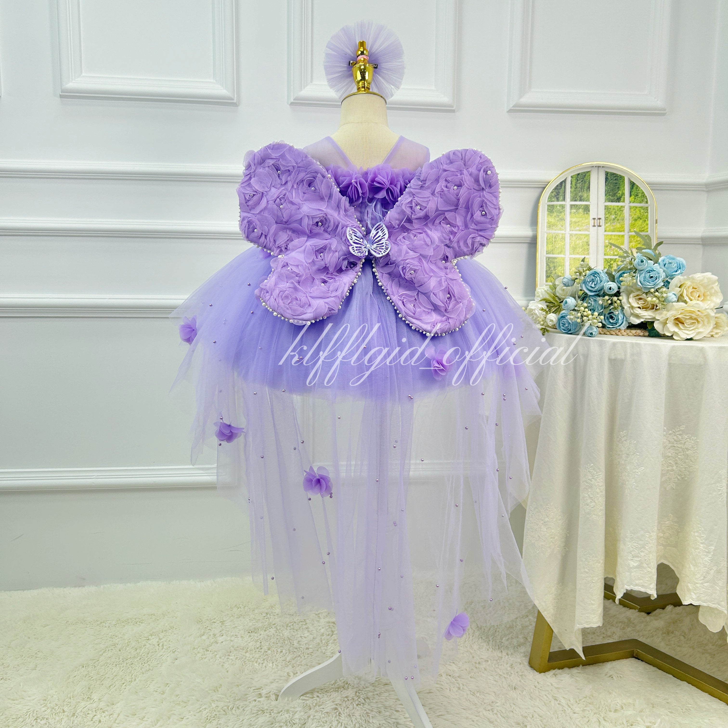 Purple 3D Floral Butterfly Wing Trailing Tulle Princess Birthday Party Dress | KLFFLGID