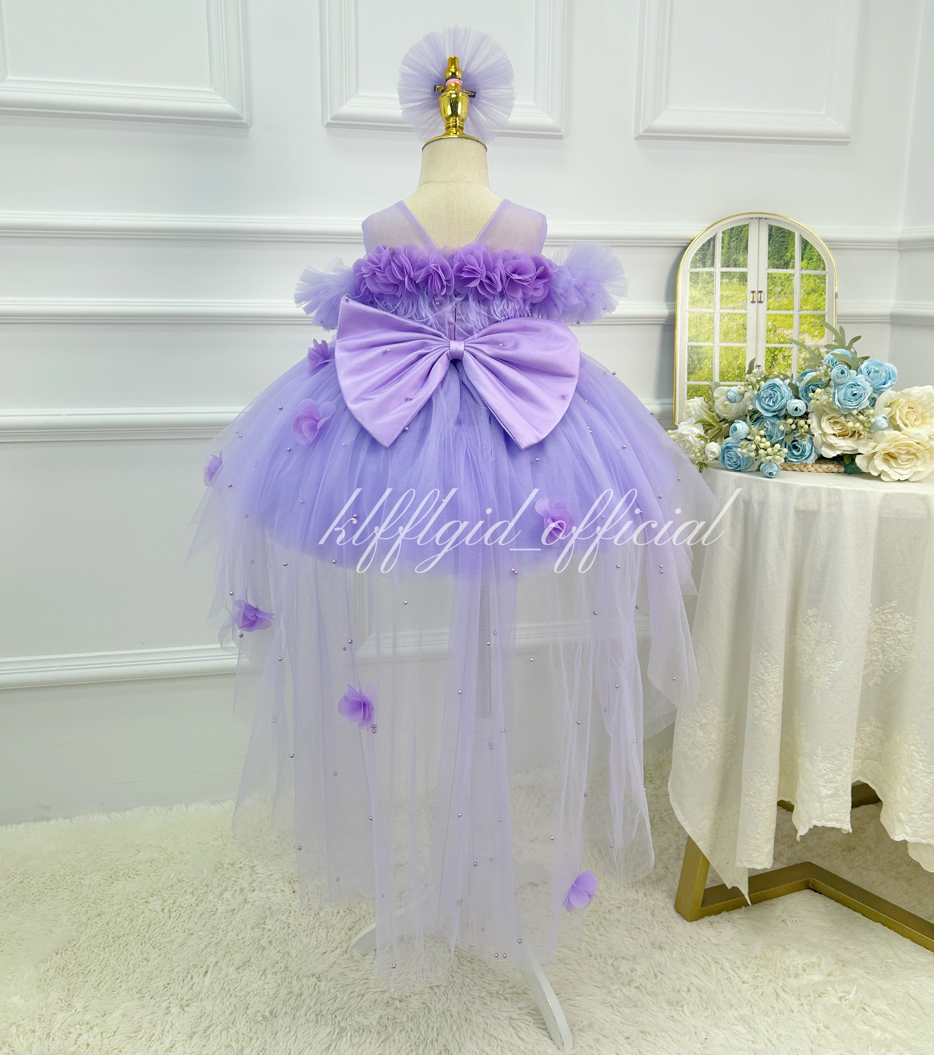 Purple 3D Floral Butterfly Wing Trailing Tulle Princess Birthday Party Dress | KLFFLGID