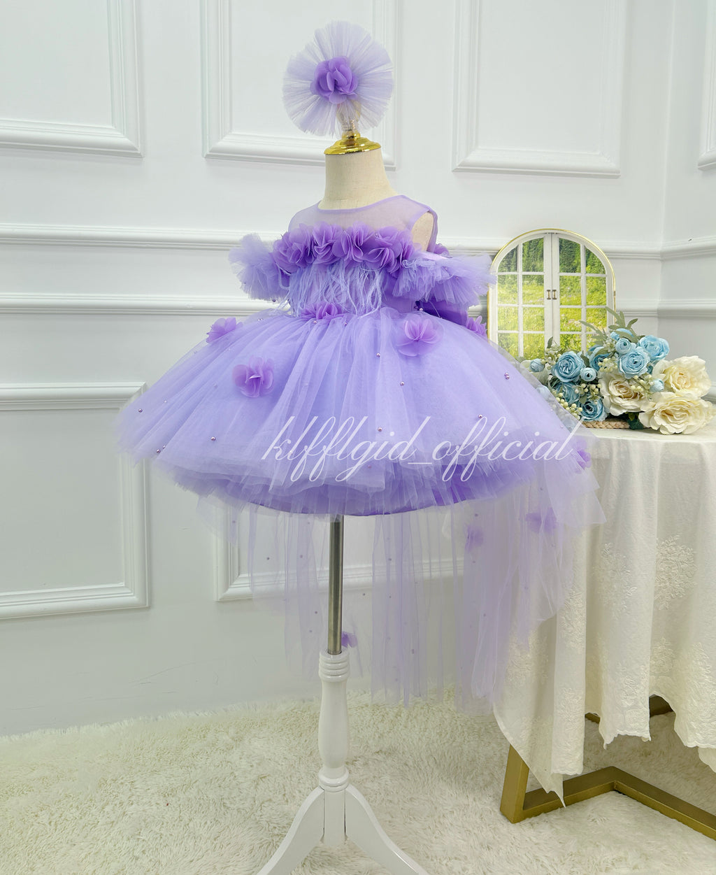 Purple 3D Floral Butterfly Wing Trailing Tulle Princess Birthday Party Dress | KLFFLGID