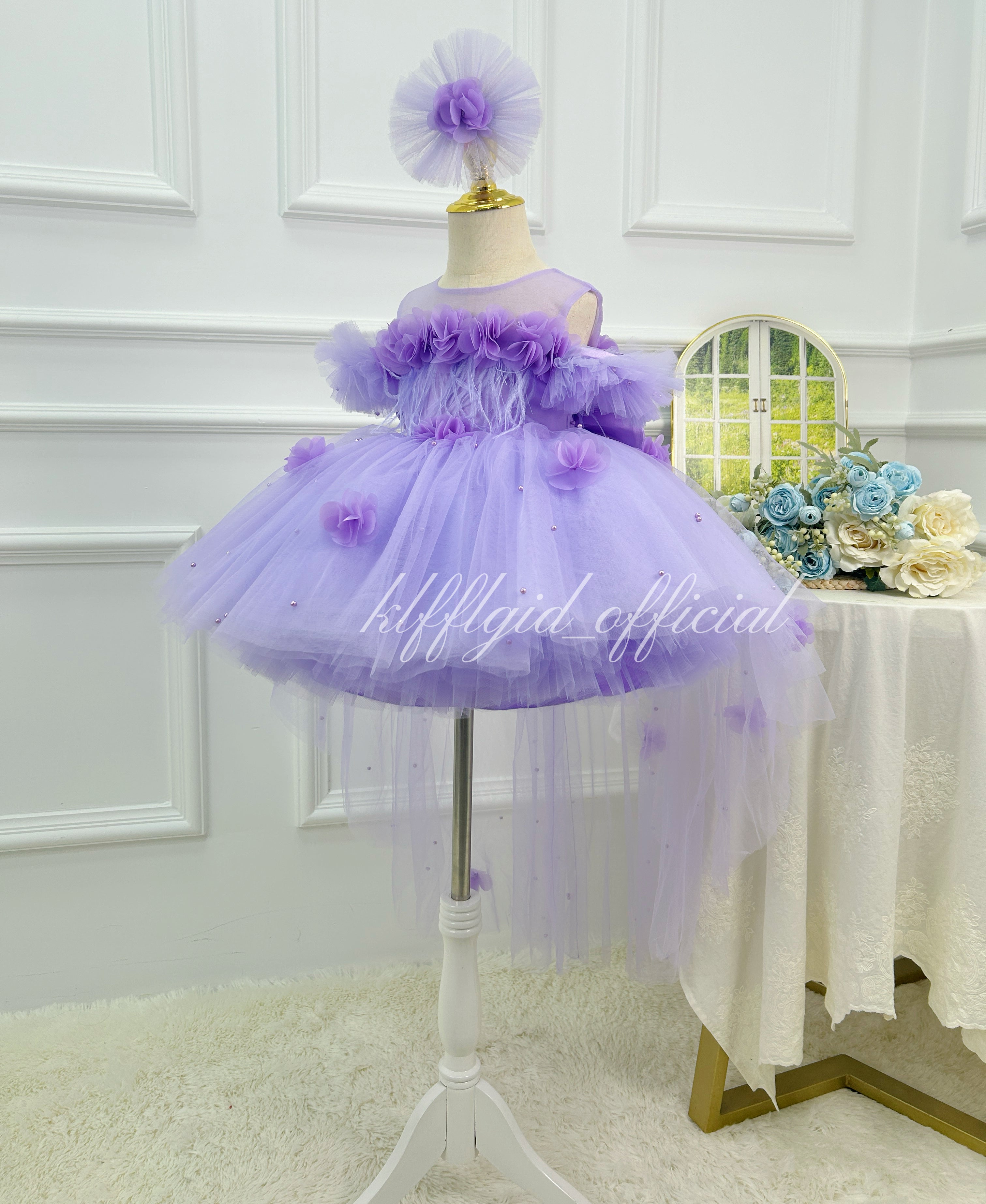 Purple 3D Floral Butterfly Wing Trailing Tulle Princess Birthday Party Dress | KLFFLGID