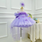 Purple 3D Floral Butterfly Wing Trailing Tulle Princess Birthday Party Dress | KLFFLGID
