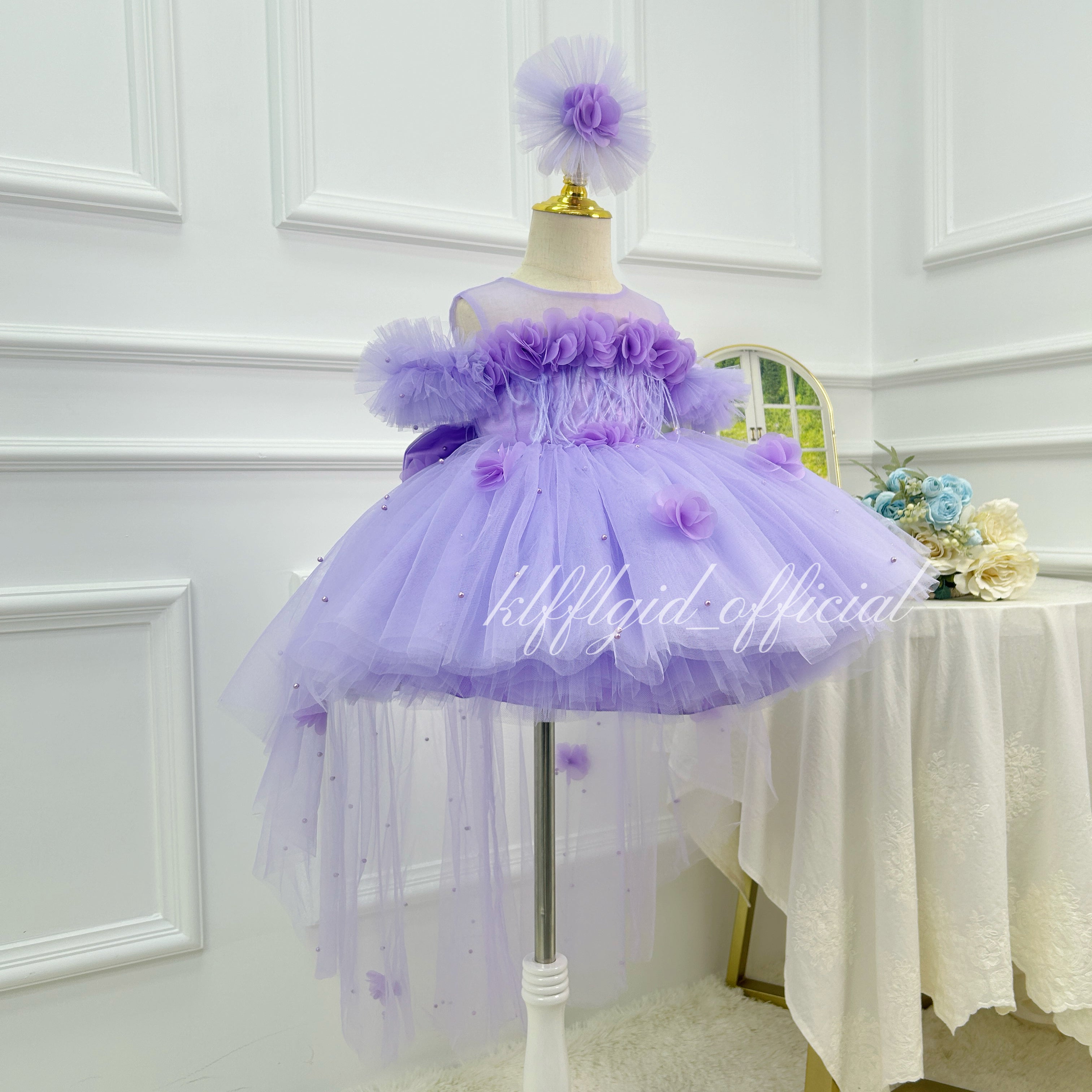 Purple 3D Floral Butterfly Wing Trailing Tulle Princess Birthday Party Dress | KLFFLGID