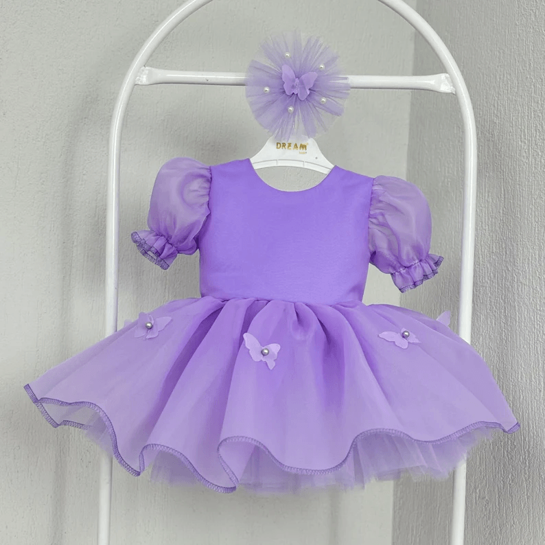 Puff Sleeve Butterfly Tulle Princess Birthday Party Dress | KLFFLGID