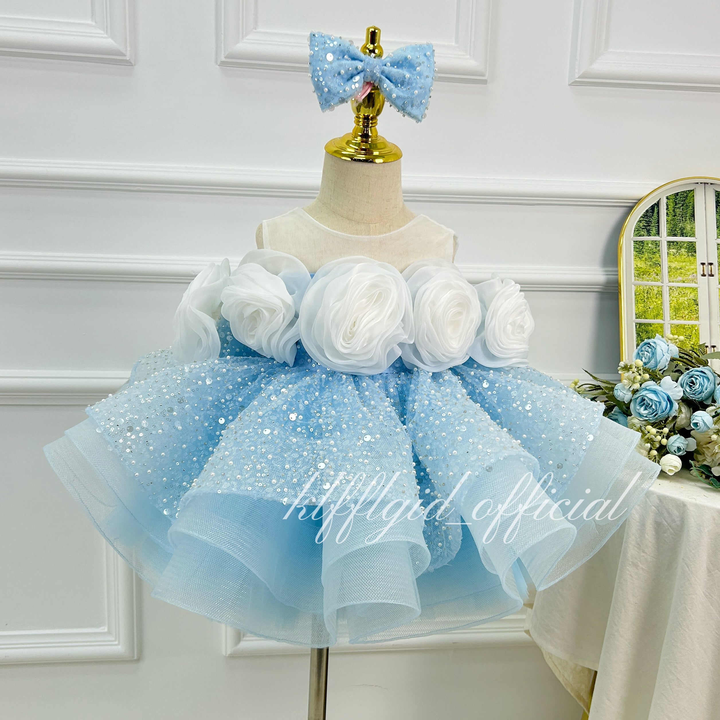 Sky Blue Sequin 3D Rose Tulle Princess Birthday Party Dress | KLFFLGID
