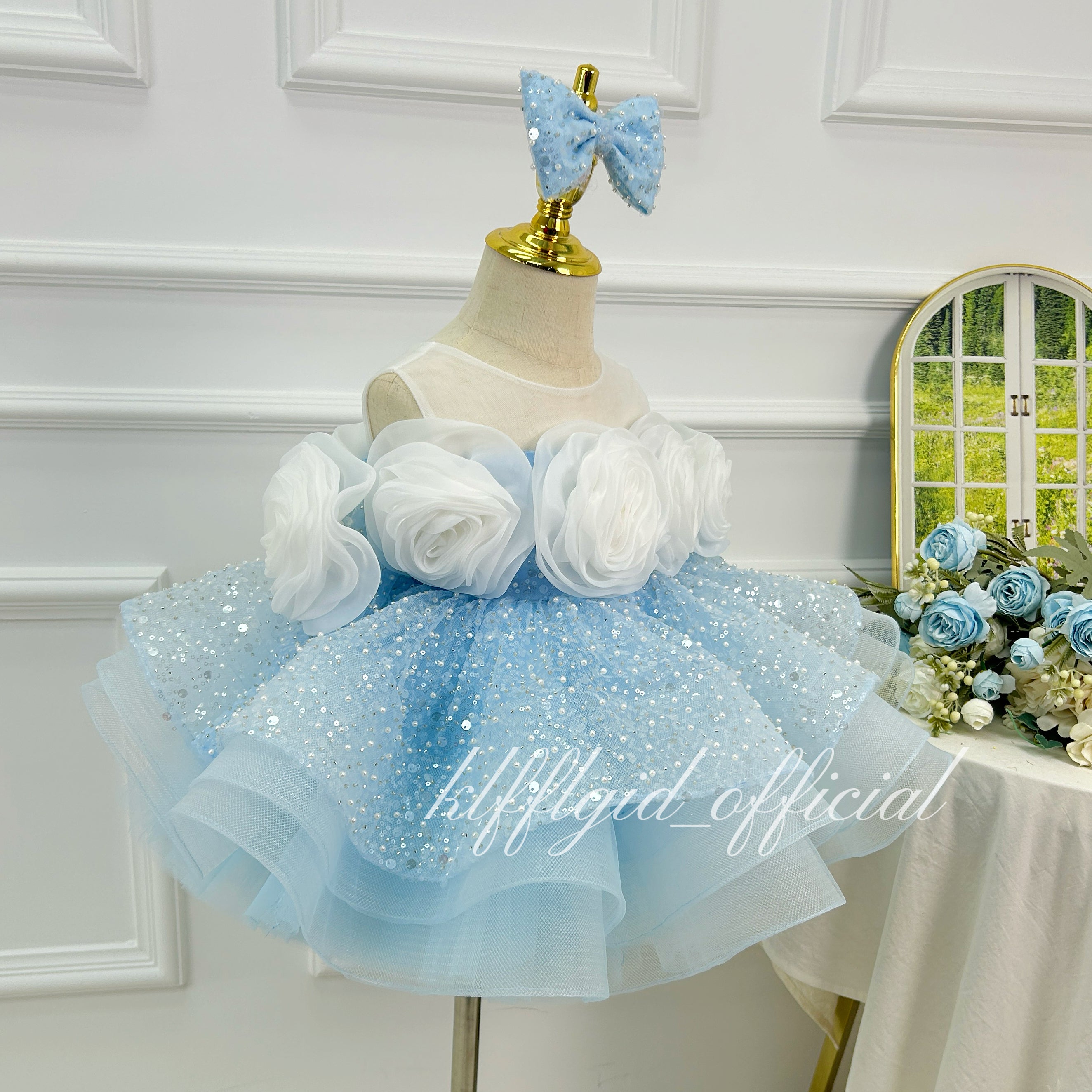 Sky Blue Sequin 3D Rose Tulle Princess Birthday Party Dress | KLFFLGID