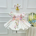 White Floral Butterfly Puff Sleeve Satin Princess Birthday Party Dress | KLFFLGID