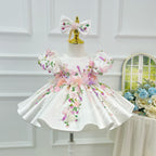 White Floral Butterfly Puff Sleeve Satin Princess Birthday Party Dress | KLFFLGID