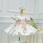 White Floral Butterfly Puff Sleeve Satin Princess Birthday Party Dress | KLFFLGID