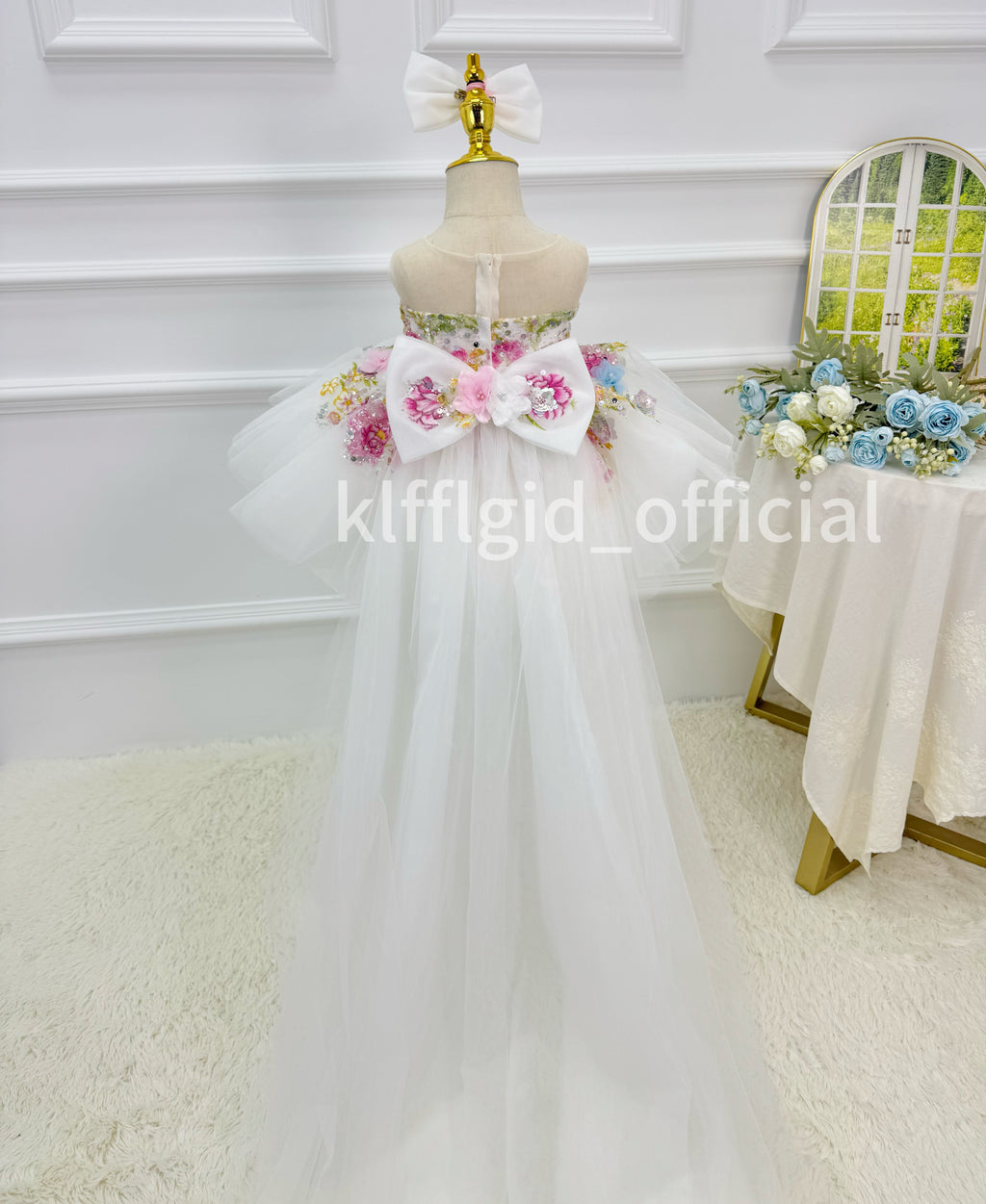 Toddler Girls White Floral Trailing Tulle Princess Birthday Party Dress | KLFFLGID