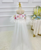 Toddler Girls White Floral Trailing Tulle Princess Birthday Party Dress | KLFFLGID