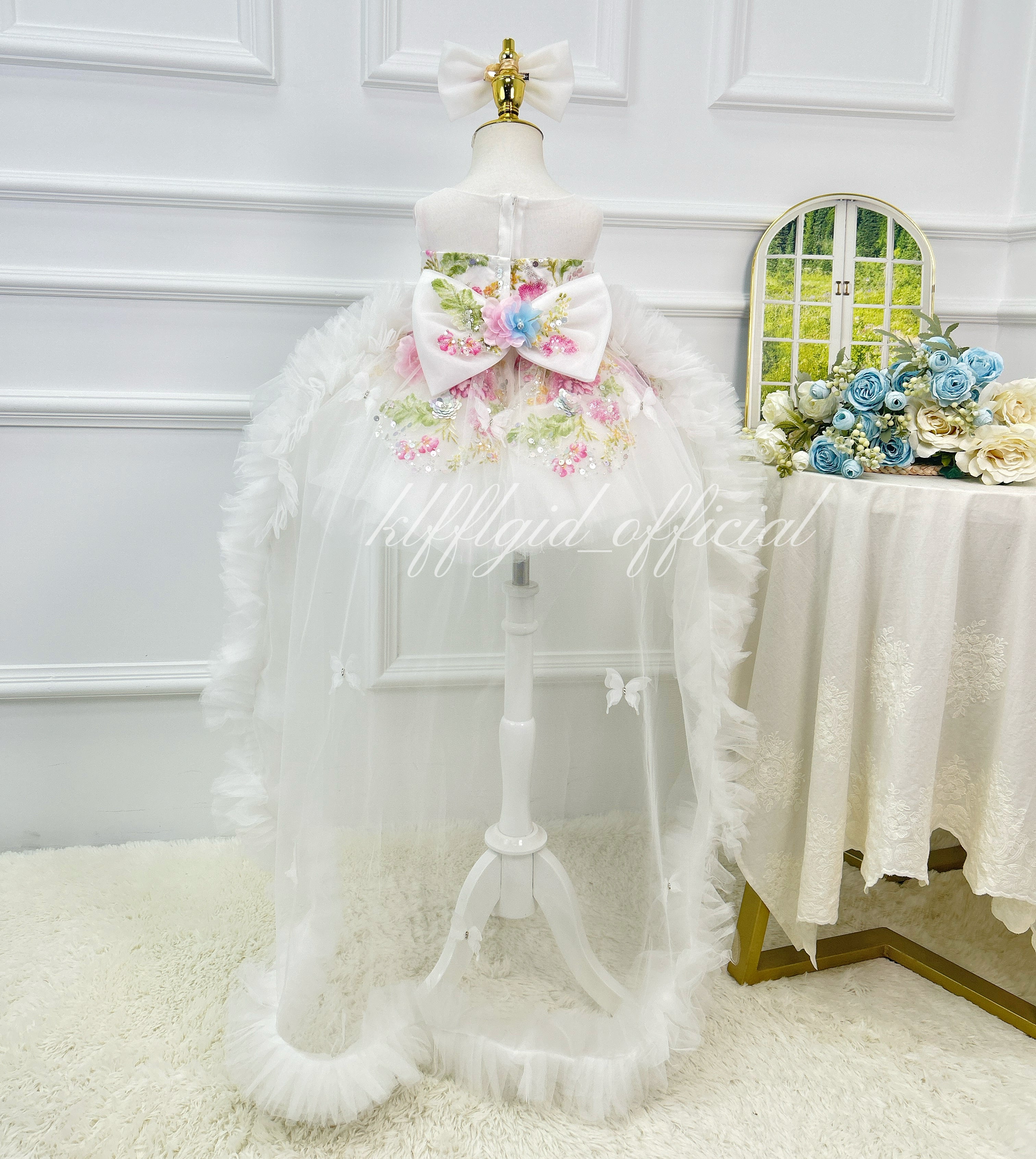 White Floral High Low Tulle Princess Birthday Party Dress | KLFFLGID