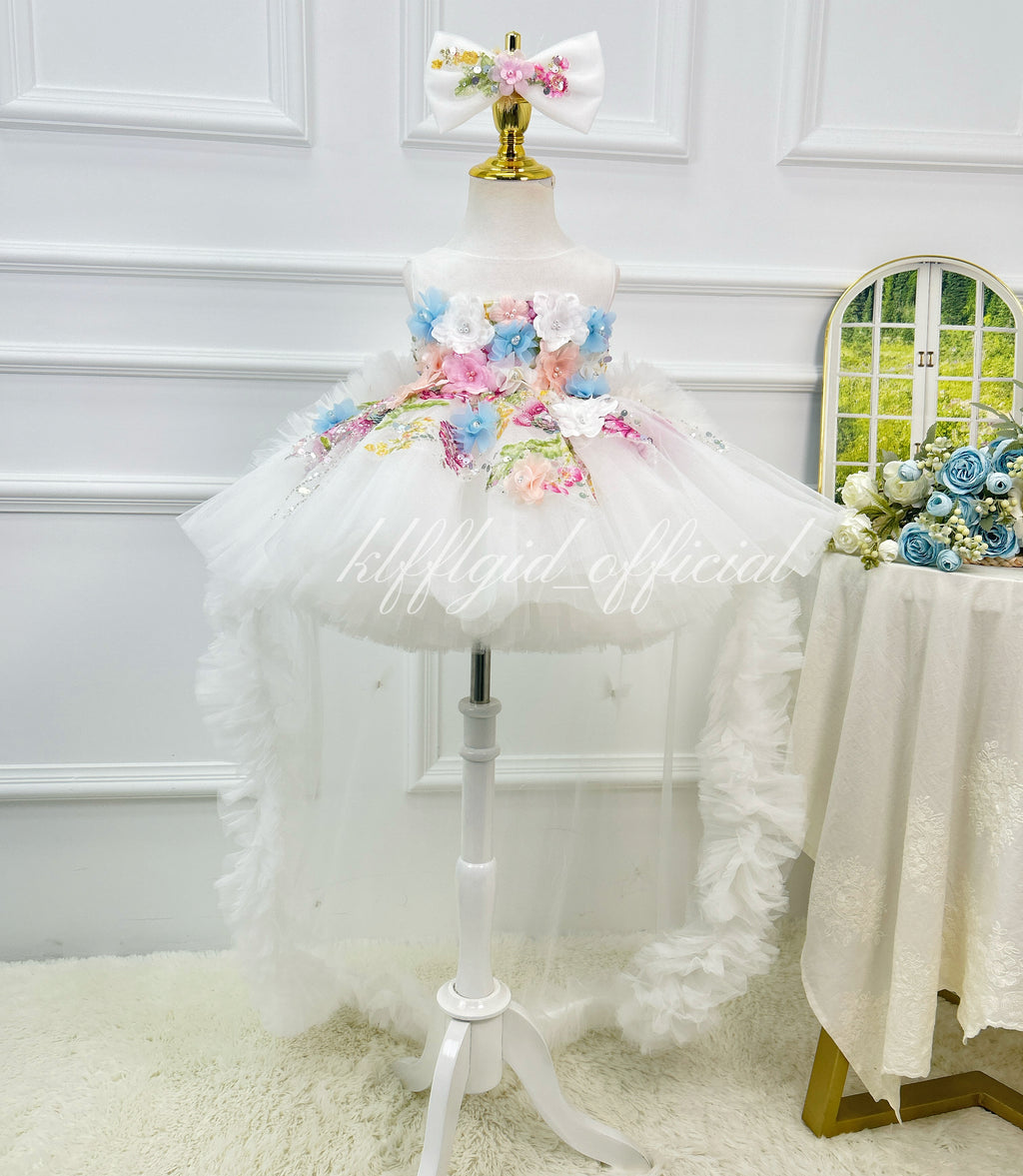 White Floral High Low Tulle Princess Birthday Party Dress | KLFFLGID