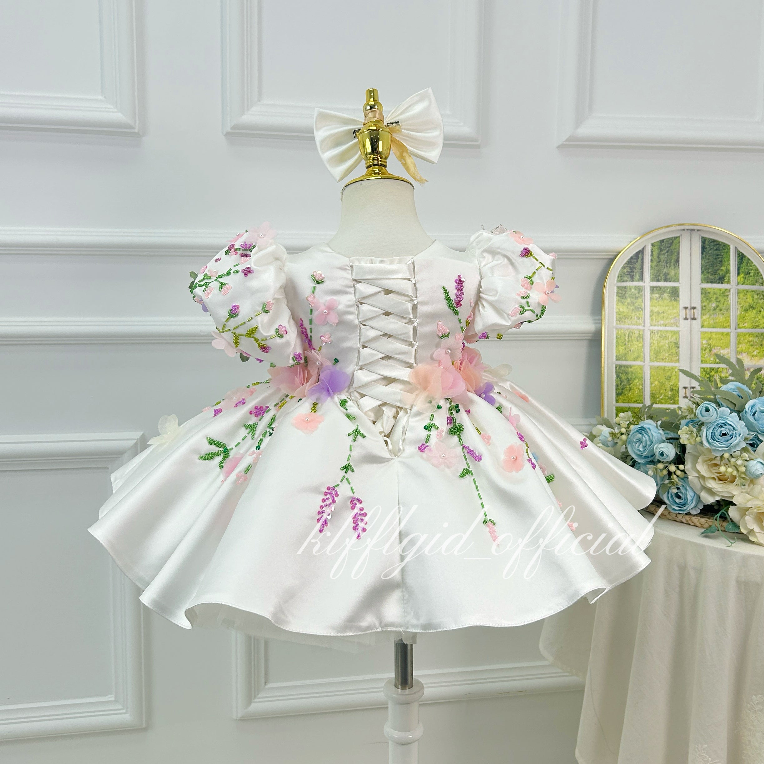 White Floral Butterfly Puff Sleeve Satin Princess Birthday Party Dress | KLFFLGID