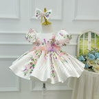 White Floral Butterfly Puff Sleeve Satin Princess Birthday Party Dress | KLFFLGID