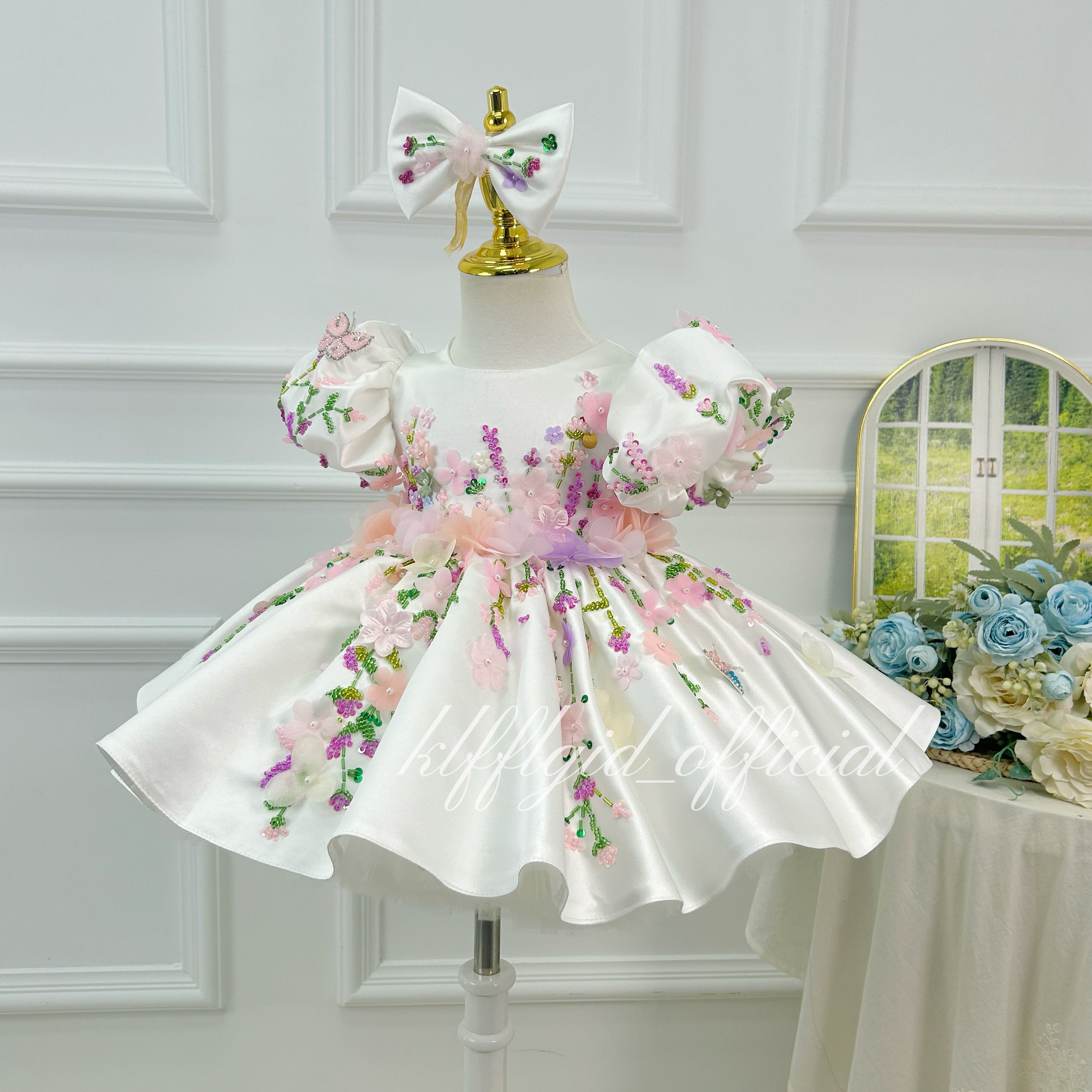 White Floral Butterfly Puff Sleeve Satin Princess Birthday Party Dress | KLFFLGID