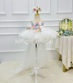 Toddler Girls White Floral Trailing Tulle Princess Birthday Party Dress | KLFFLGID