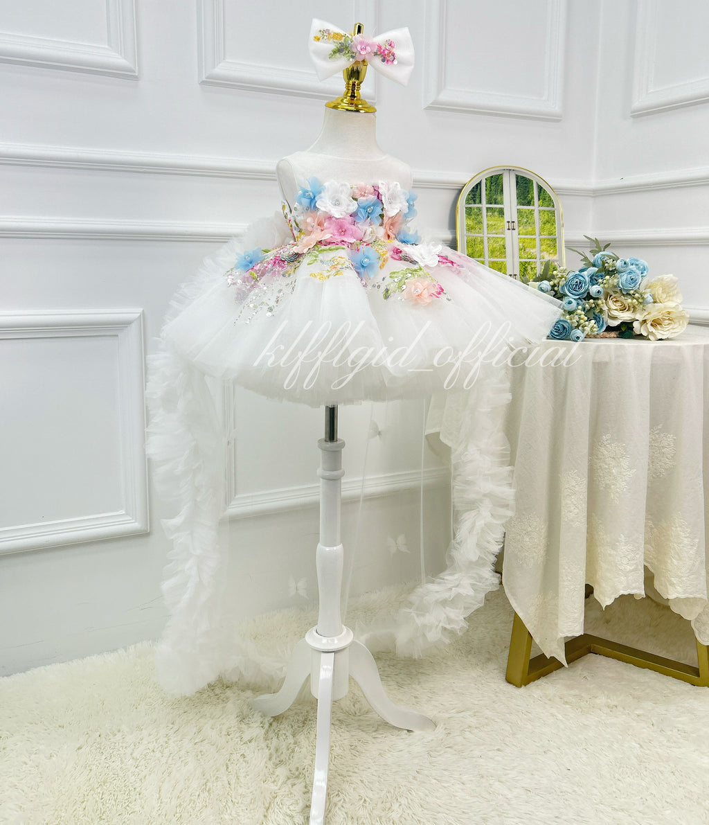 White Floral High Low Tulle Princess Birthday Party Dress | KLFFLGID