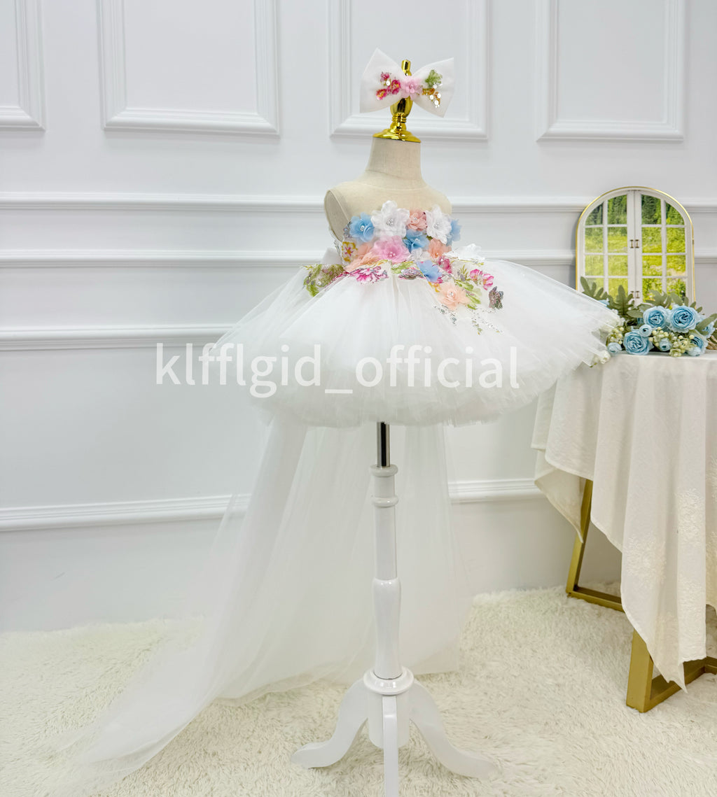Toddler Girls White Floral Trailing Tulle Princess Birthday Party Dress | KLFFLGID