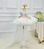 Toddler Girls White Floral Trailing Tulle Princess Birthday Party Dress | KLFFLGID