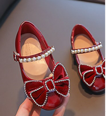 Bowknot girls shoes, small leather shoes, pearl shoes, red baby shoes