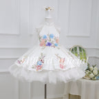 White girls princess dress with colorful 3D floral embroidery, pearl shoulder chains and a full satin skirt