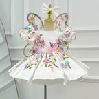 White floral princess dress for girls with colorful flower embroidery and puff sleeves front view