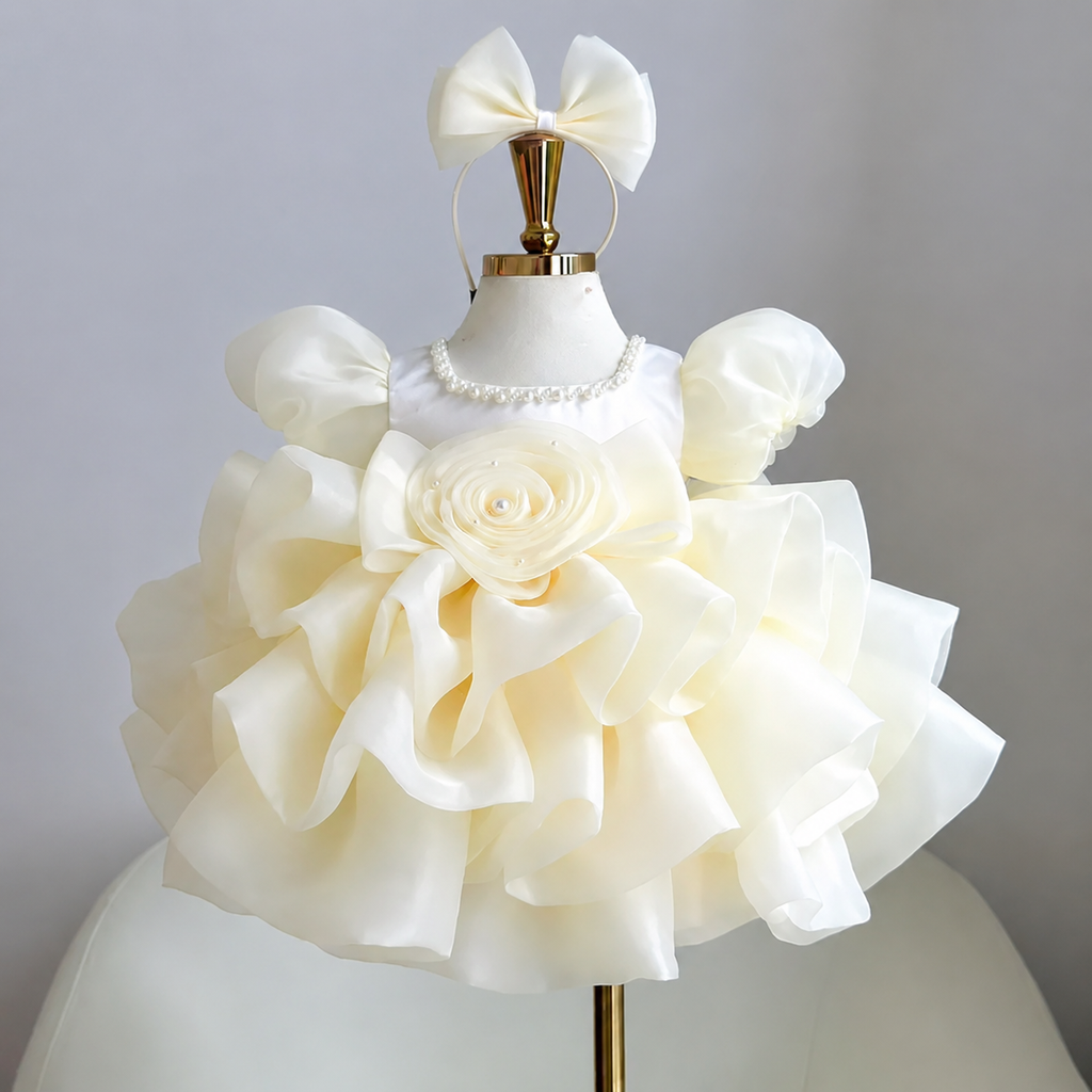 White girls princess dress with a large layered rose decoration, puff sleeves, pearl neckline and matching white bow