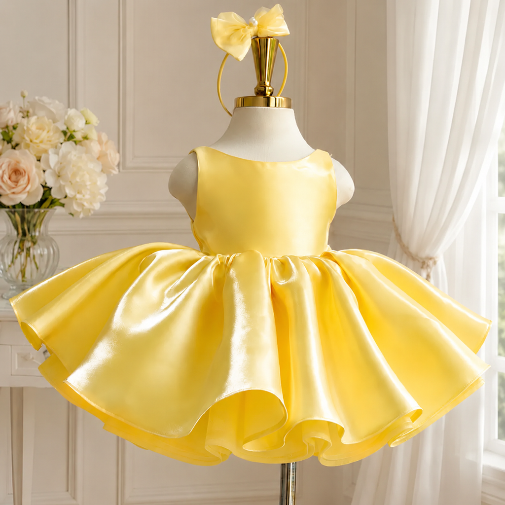 Yellow satin princess dress for girls with a sleeveless bodice, glossy fabric, and a full flared skirt, front view.